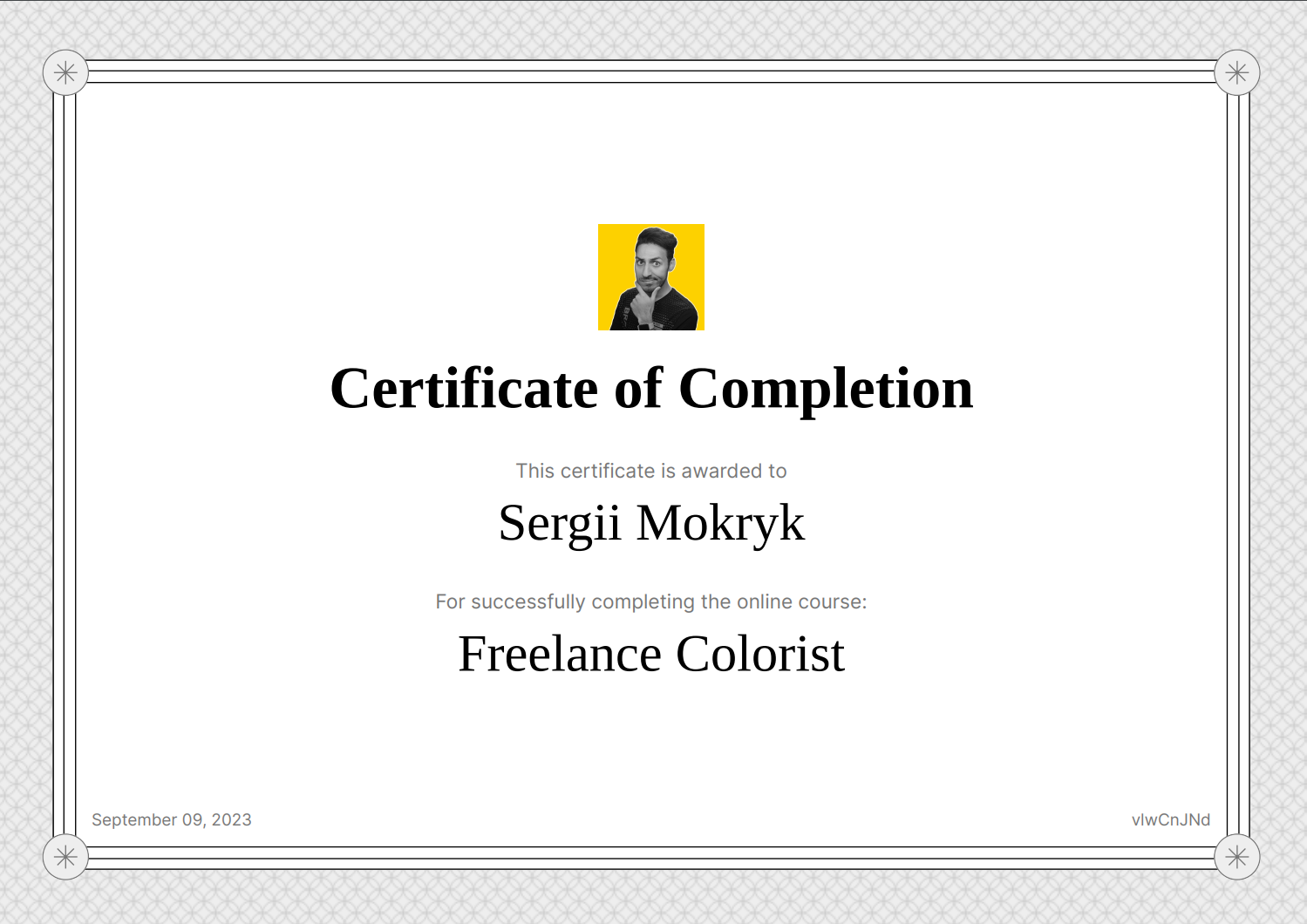 Certificate issued to Sergii Mokryk, proving the finishing of Colorist course.